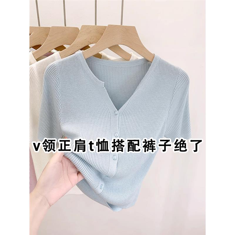 v领温柔风针织短袖t恤女2025年新款夏季薄款冰丝韩系穿搭短款上衣