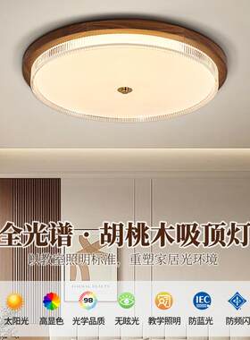 北美胡桃木吸顶灯茶室新中式简约书房卧室灯木框氛围现代客厅灯具