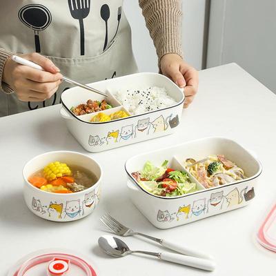 陶瓷分格饭盒微波炉加热上班族带盖可爱卡通学生保鲜碗圆形便当盒