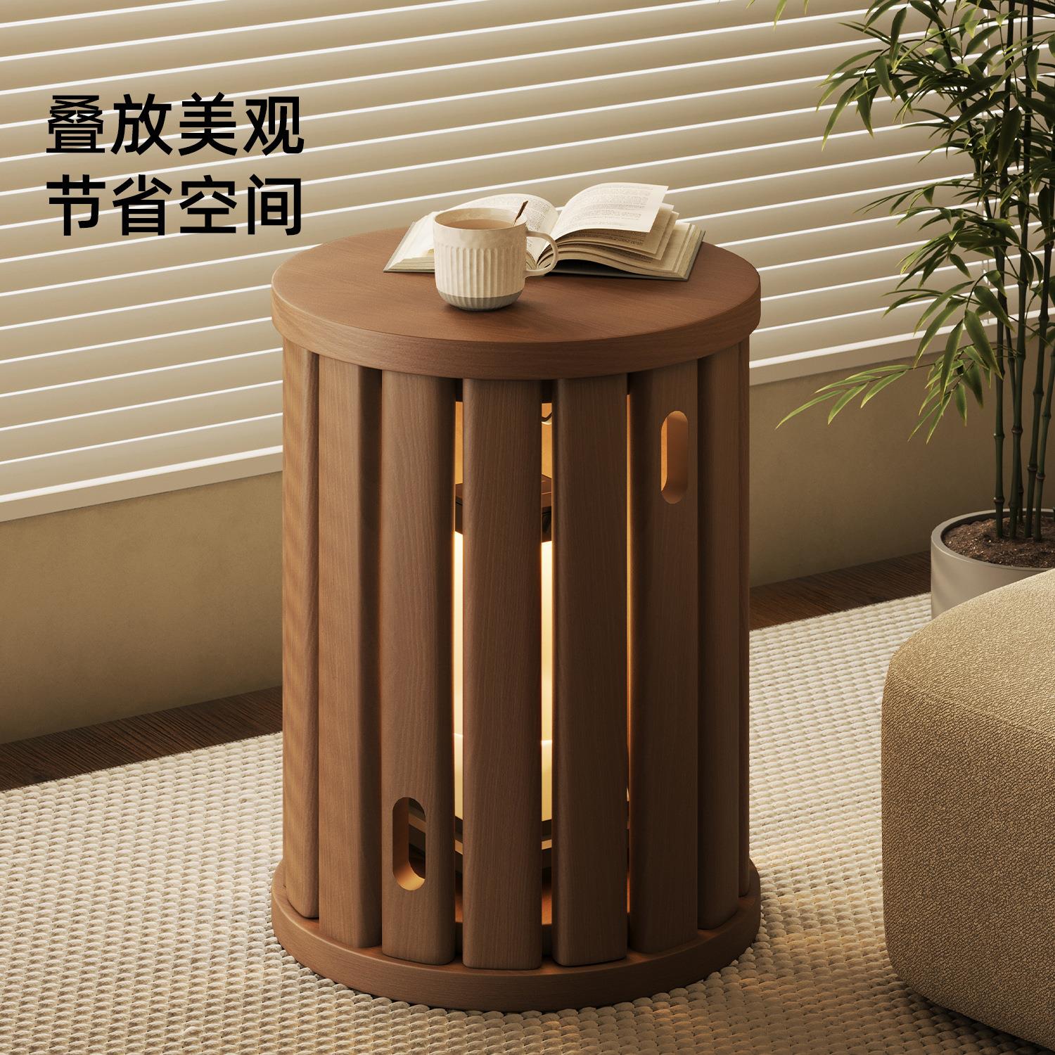 实木折叠凳北欧客厅矮凳餐厅椅家用现代简约胡胡桃色家具圆凳茶几