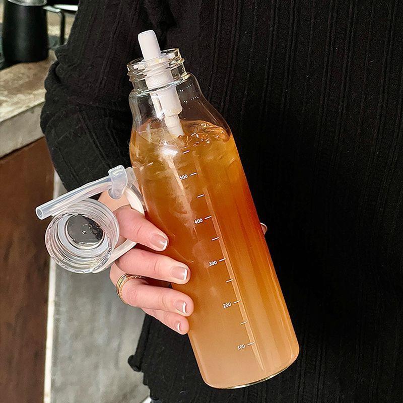 办公室水杯户外便携简约杯子耐高温高硼硅吸管杯带刻度玻璃杯家用
