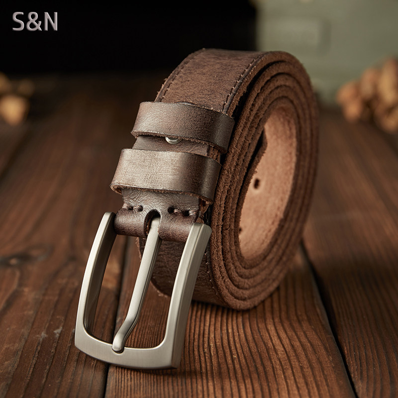手工牛皮皮带男复古厚实纯牛皮针扣男士工装裤做旧真皮裤腰带百搭
