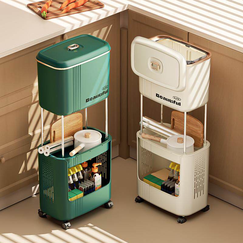 家用分类垃圾桶奶油风可移动厨房垃圾桶创意多层置物架大容量收纳