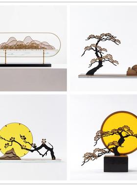 新中式创意亚克力禅意山水铁艺摆件客厅玄关酒店样板间软装饰品