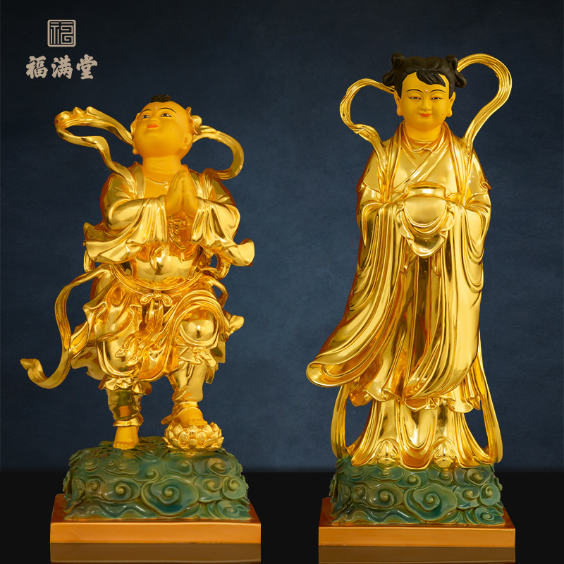 善财童子龙女佛像金童玉女铜像观音菩萨像佛前童男童女佛堂摆件
