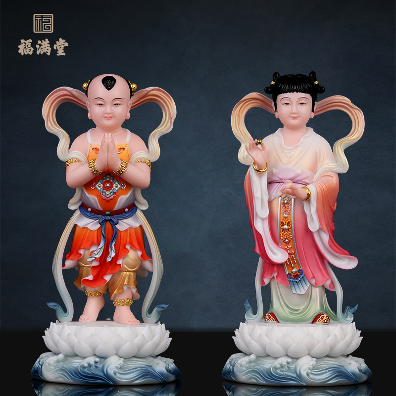 善财童子龙女仿汉白玉金童玉女观世音菩萨佛像童男童女佛堂摆件