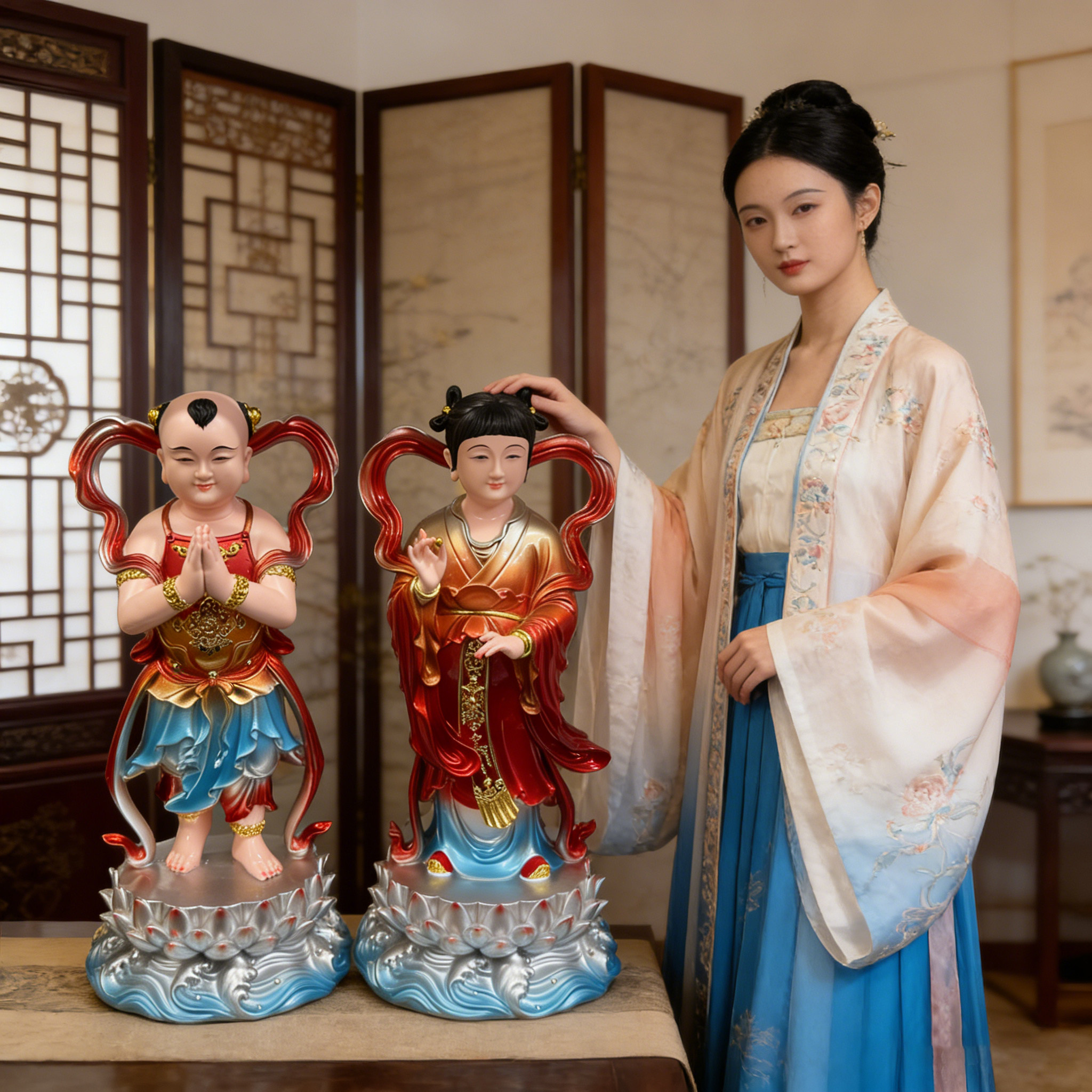 童子龙女佛像供奉家用金童玉女一对摆件散财童子善财童子龙女神像