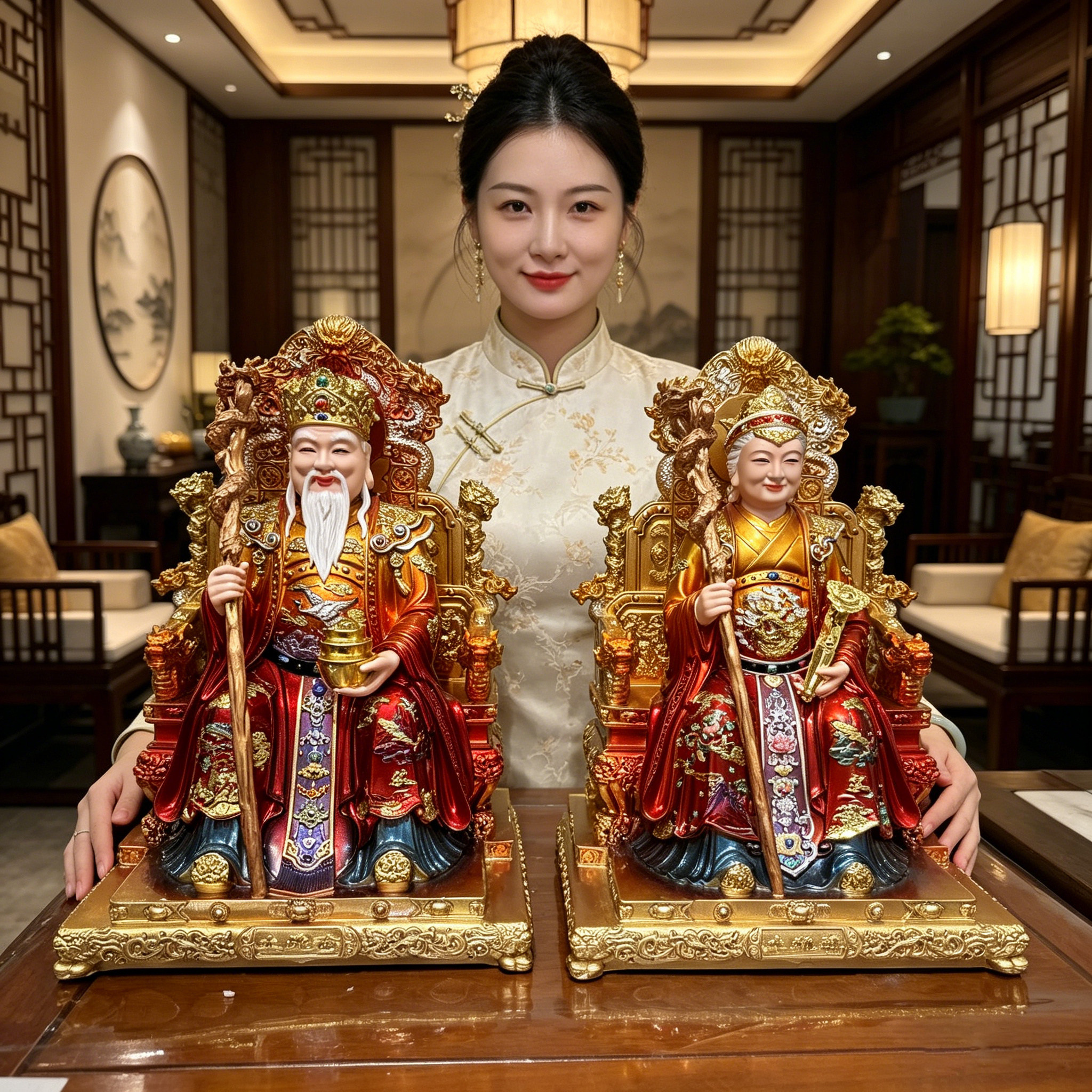 土地公像树脂红色土地公土地婆神像家用供奉福德正神土地公摆件