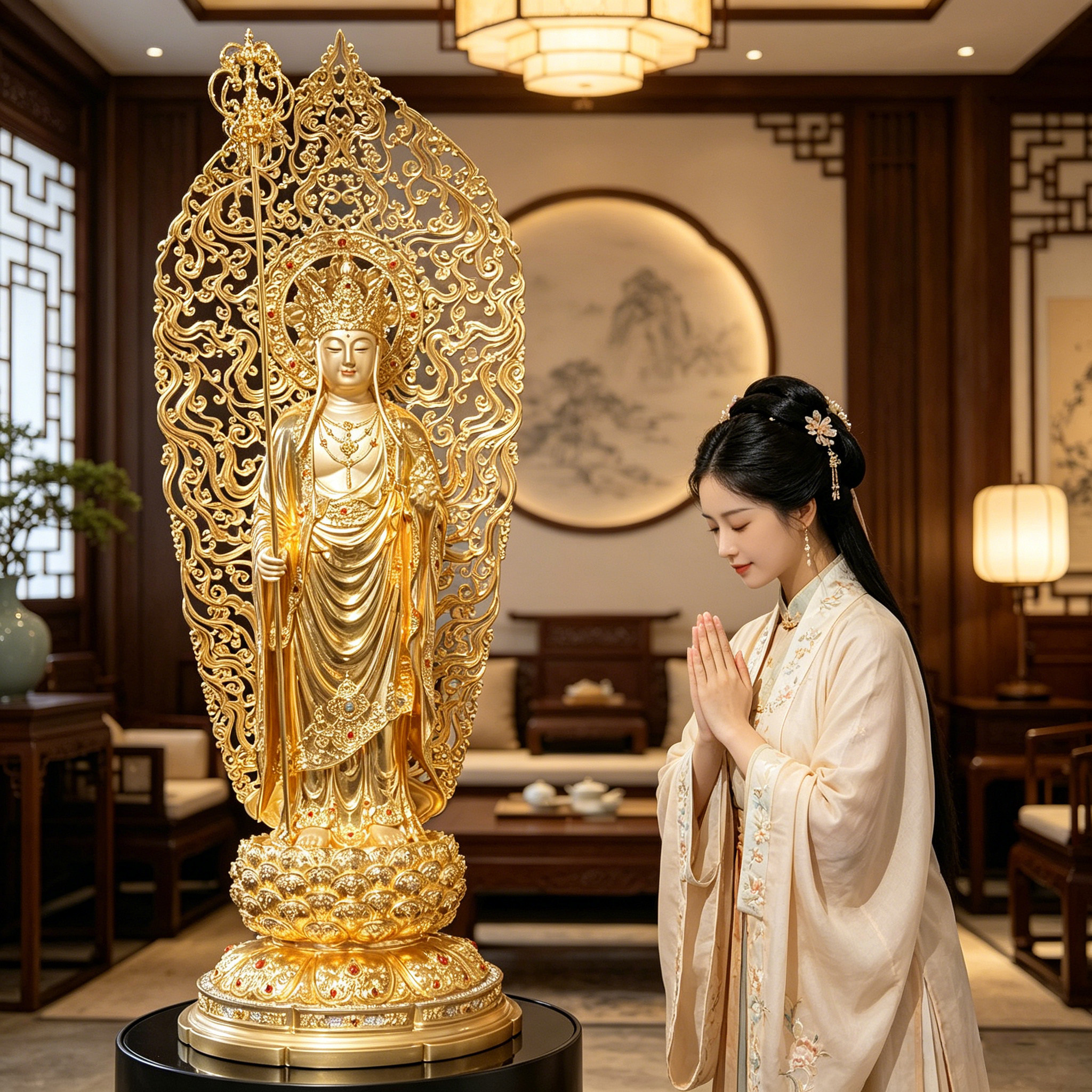 地葬王菩萨佛像铜贴金供奉家用九华山地藏王像站像摆件雕像