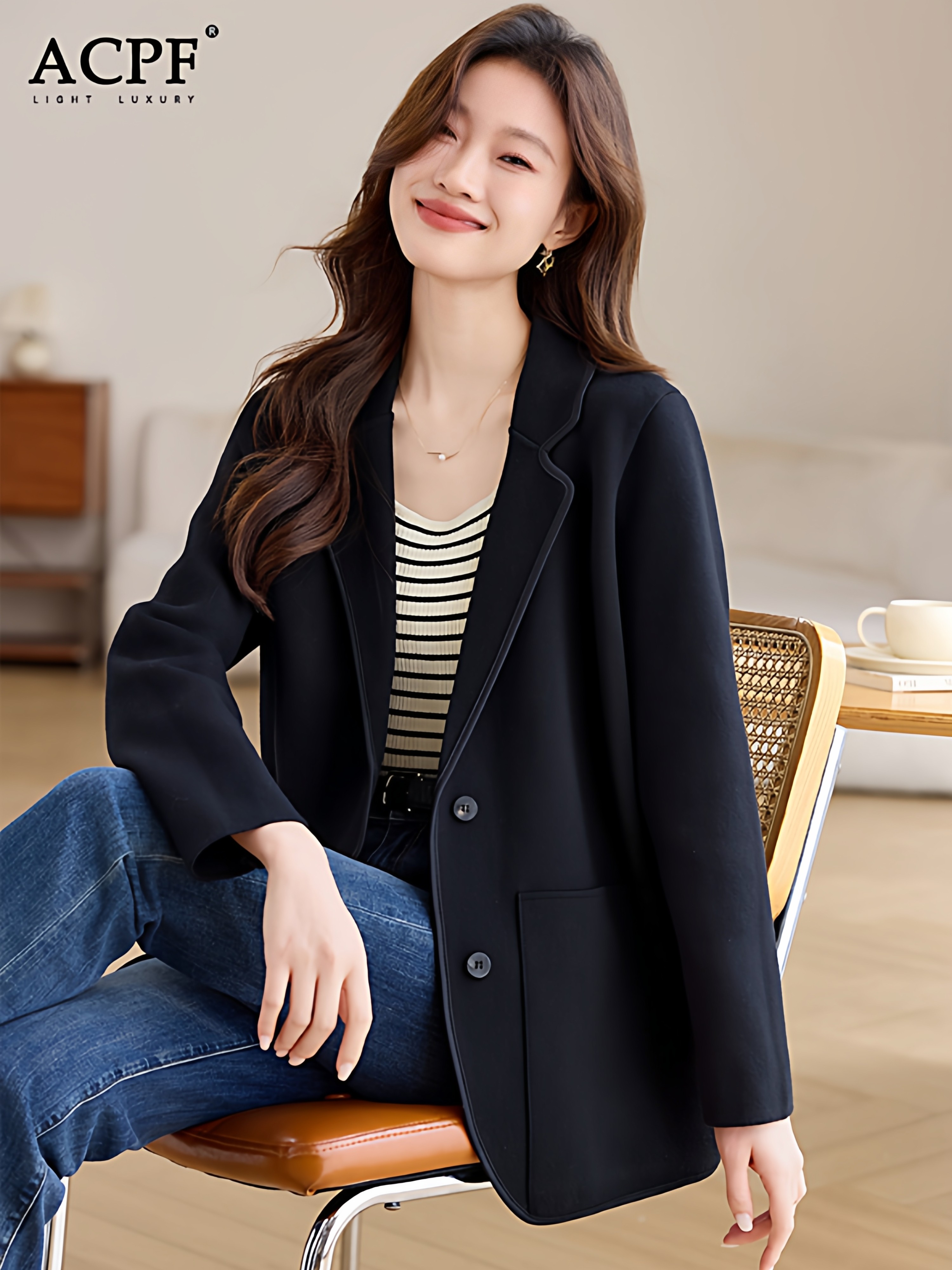 毛呢西装外套女秋冬季新款高级感韩版阔型气质时尚中长款保暖开衫