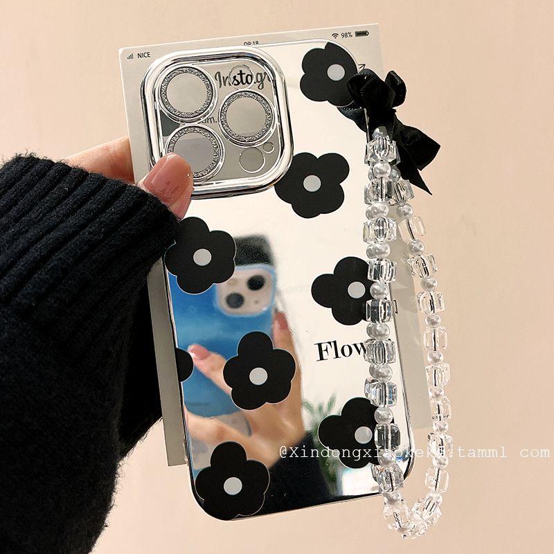 ins韩风高级感黑色花朵适用苹果iPhone16ProMax手机壳镜面15新款14带链条13小众14pro女15pro硅胶16P全包镜头