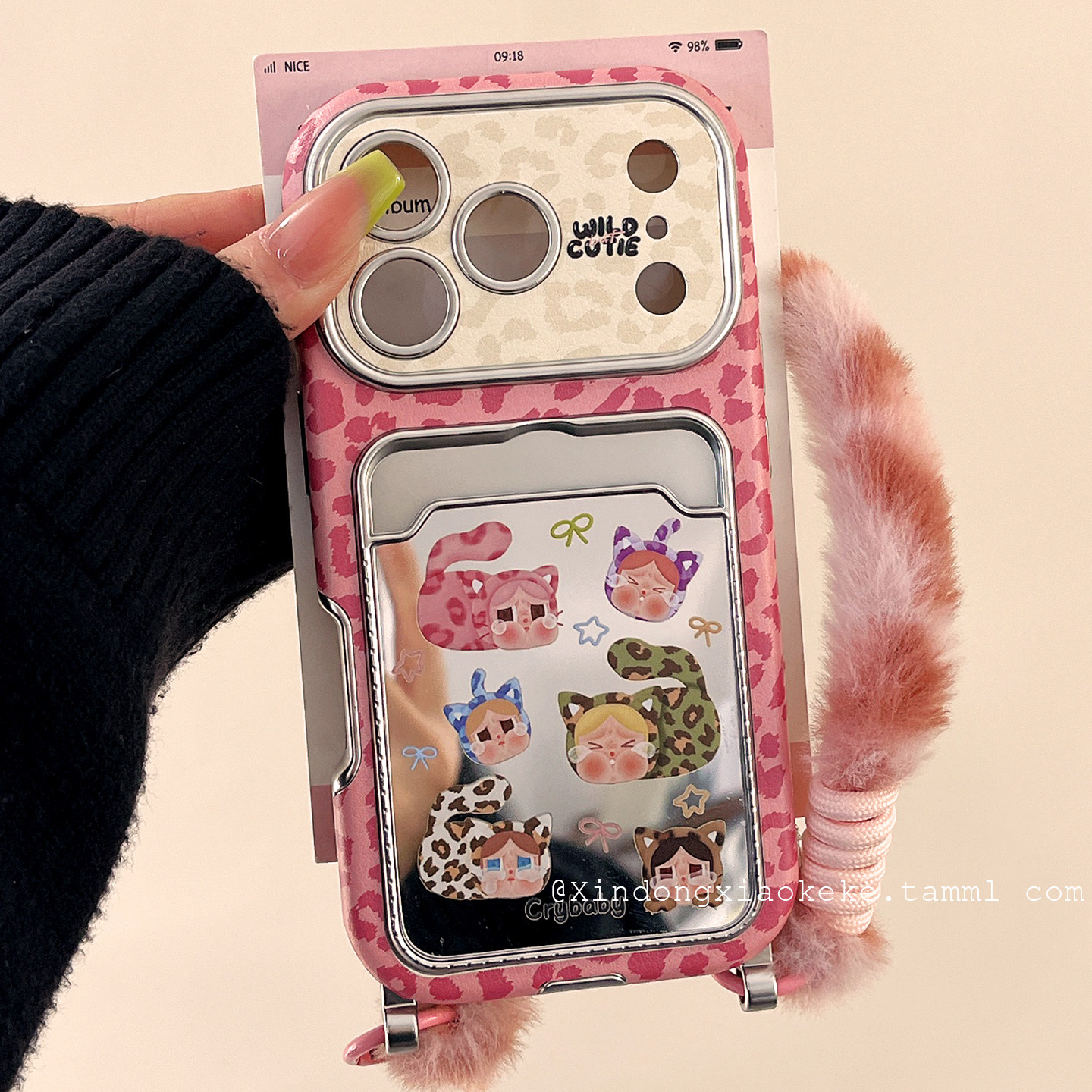 可爱卡通豹纹哭娃卡包适用苹果iPhone17ProMax手机壳16pro新款15带挂绳16小众14promax硅胶17pro创意镜面全包