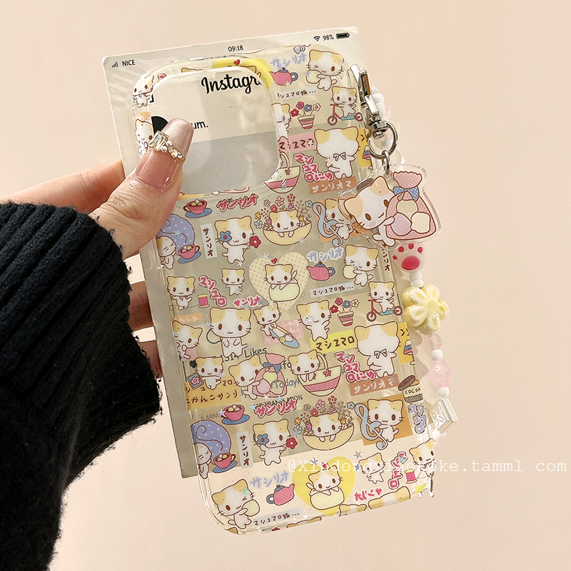 趣味可爱卡通棉花糖猫咪适用苹果iPhone16ProMax手机壳15pro新款14带链条13小众14promax硅胶16Pro少女心全包