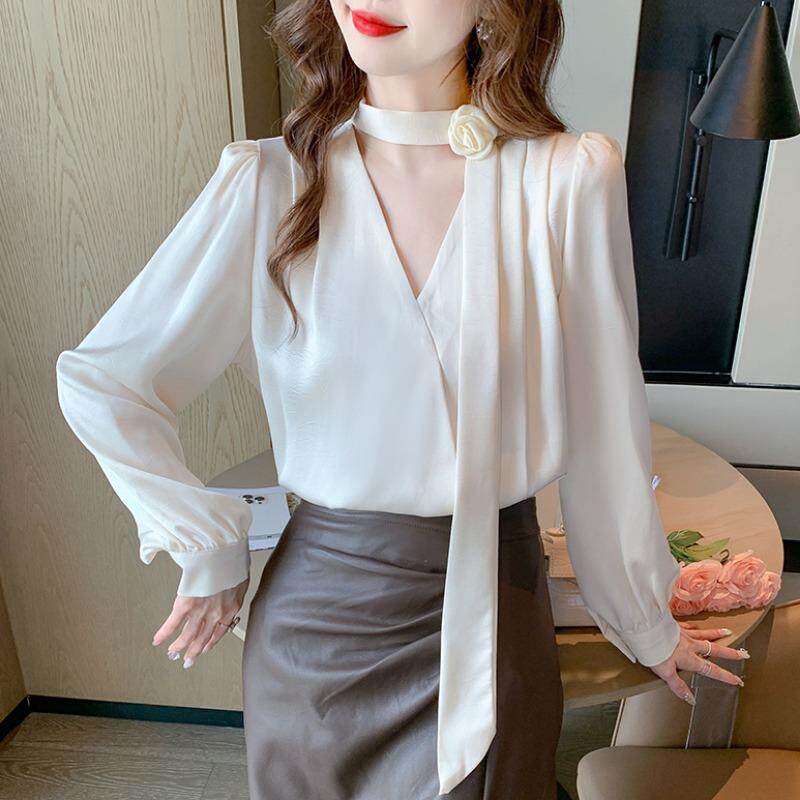 玫瑰胸花雪纺衬衫长袖上衣早秋冬季2024新款打底内搭女法式显瘦春