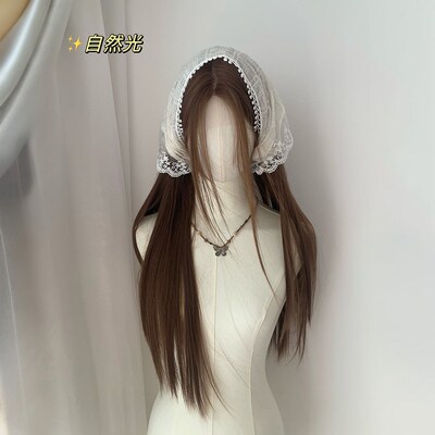 新品混血卡西亚麻栗棕色假u发女全头套小额蕾丝中分长直发万用c