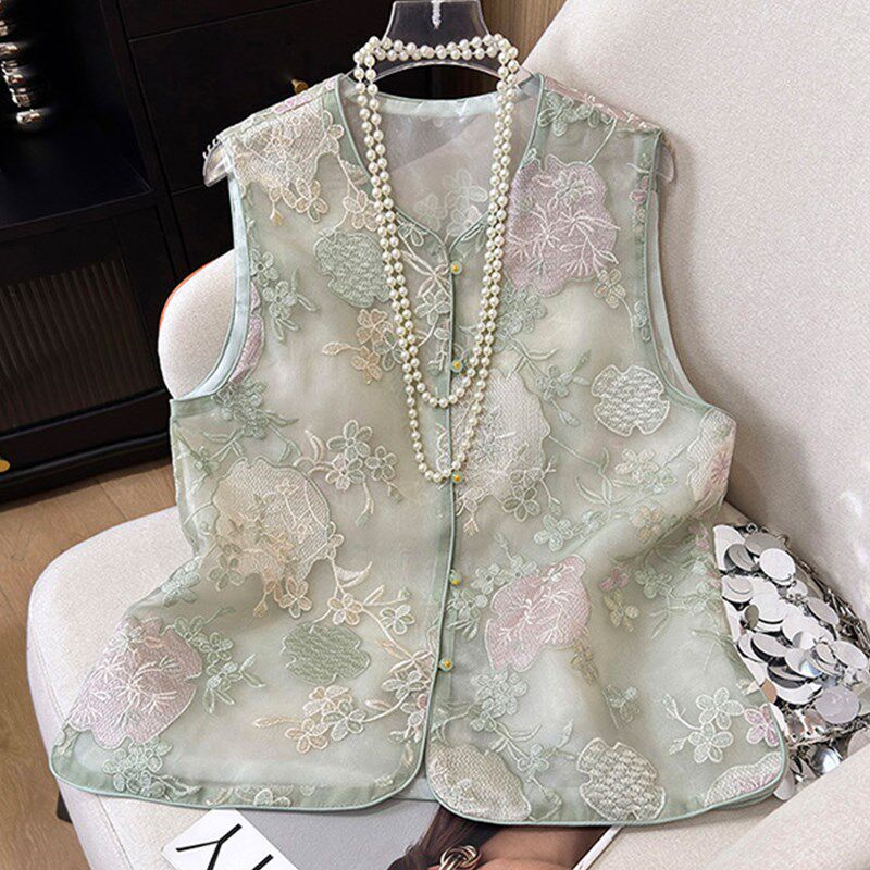 新品新中式国风马甲背心女装夏季外穿无袖薄O款欧根纱马夹重工刺