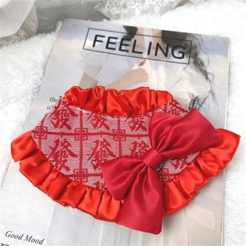极速新年发财h红色蝴蝶结宠物蕾丝假领花边口水巾狗狗猫咪围嘴法