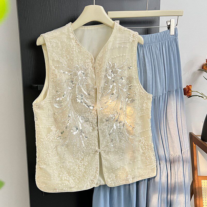 新品欧根纱国风马甲夏季薄款重工刺绣无袖L坎肩背心女款网纱新中