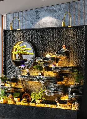 极速中式水幕墙假山流水墙喷泉循环水落地别墅P庭院客厅玄关摆件