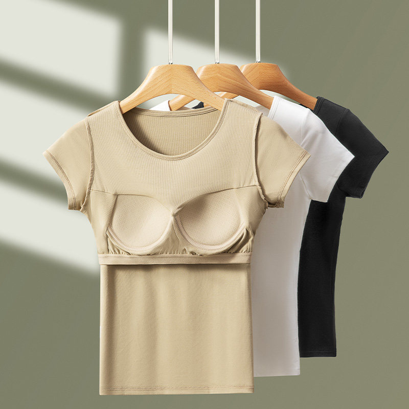 简约夏季修身正肩薄款带胸垫免穿文胸2025新款短袖T恤运动上衣女,女装/女士精品,T恤,淘宝优惠券,粉丝福利购,淘宝优惠卷