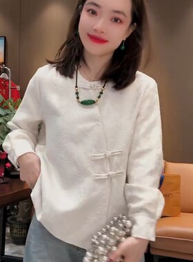 新中式轻国风复古提花上衣女2024早春新款高级感绿色圆领斜襟衬衫