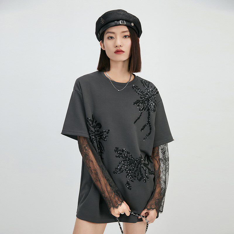 普普风黑色蕾丝2025年新款春装拼接长袖T恤女显瘦百搭假两件上衣