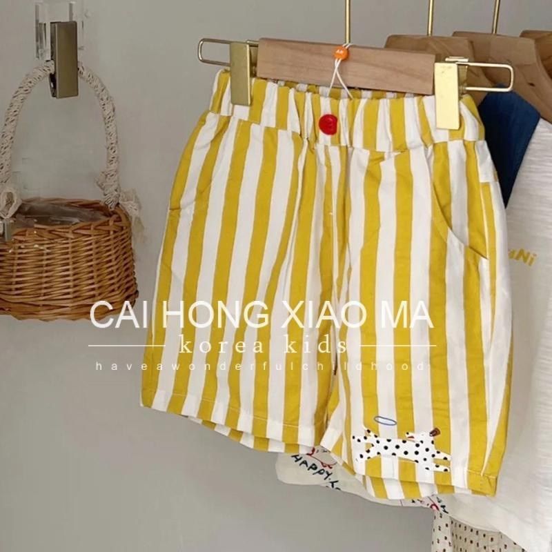 韩国童装男女童时尚休闲翻领T恤儿童竖纹宽松裤子夏款两件套套装