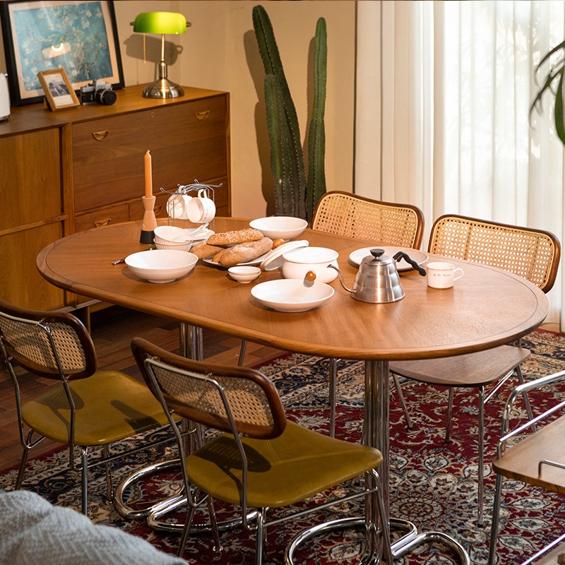 萨得船长/法式中古复古柚木餐桌实木长桌子家用新中式小户型桌子