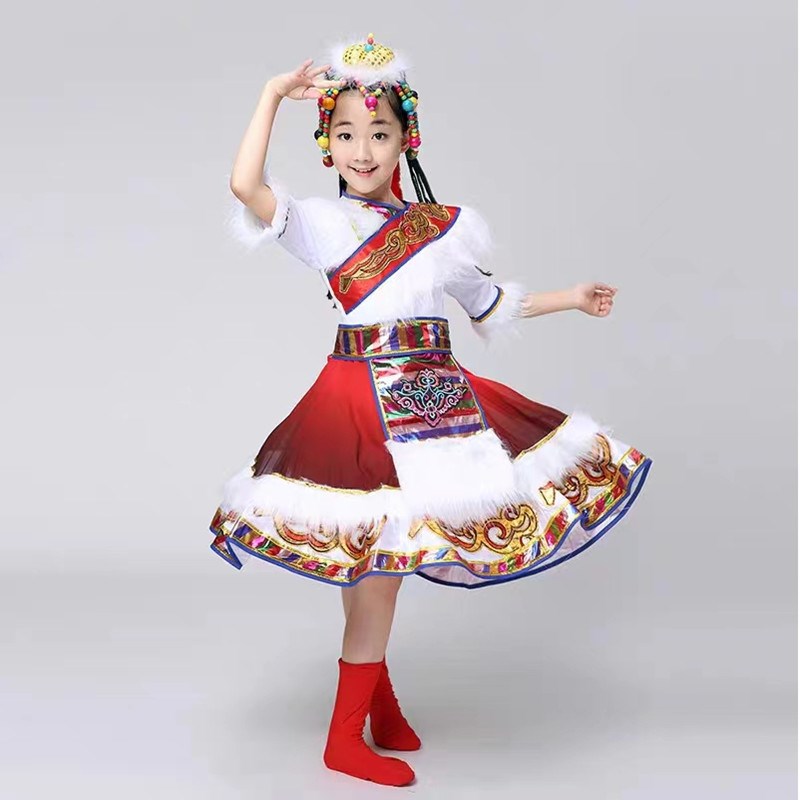 儿童藏族演出服男女童表演服小学生蒙古服扎西德勒成人水袖舞蹈服