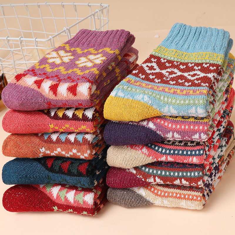 5-10双秋冬季加厚花袜子女毛线袜粗线袜针织保暖小花袜羊毛袜复古