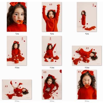 2023儿童摄影影楼过年红色喜庆写真内景放大样片温馨红色毛衣