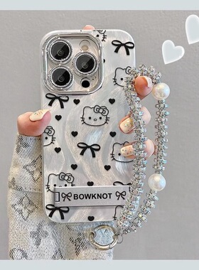 适用蝴蝶结KT猫苹果16e手机壳15promax专用14plus外13爆款12羽纱11带镜头膜8新款xr女7防摔xsmax保护套6s