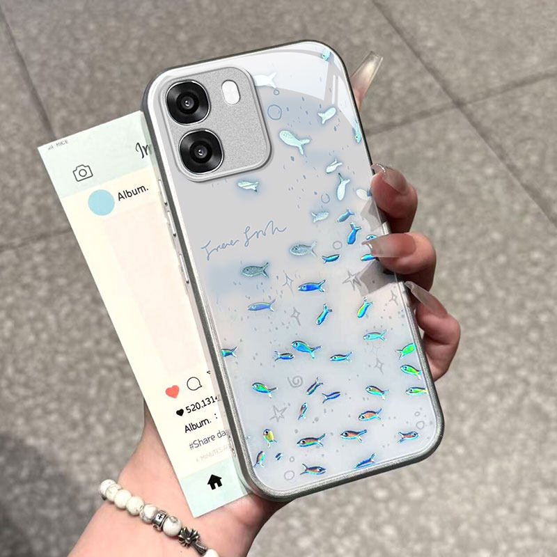 适用oppoA6S手机壳新款网红个性时尚简约创意潮流鎏金小鱼PLT120金属漆玻璃保护套全包防摔外壳