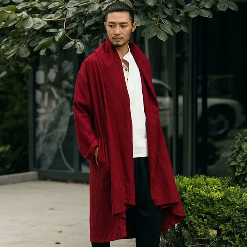 中国风秋冬禅服汉服亚麻风衣外套男式中长款古风棉麻披风宽松长衫