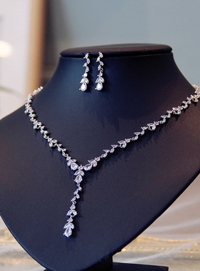 清新新娘项链耳环结婚首饰套装锆石吊坠婚礼宴会首饰婚纱礼服配饰