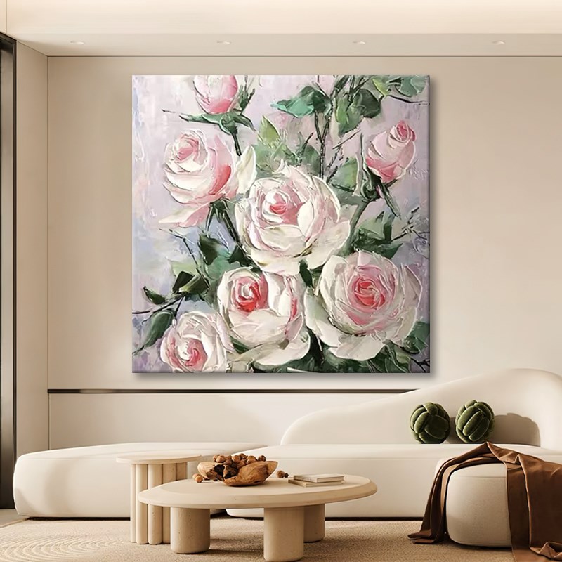 粉色牡丹花纯手j绘油画现代简约花卉装饰画客厅玄关挂画丙烯肌理图片