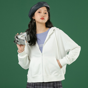 拉链开衫 外套女春秋2023夏季 连帽短款 新款 卫衣 宽松ins潮白色K薄款