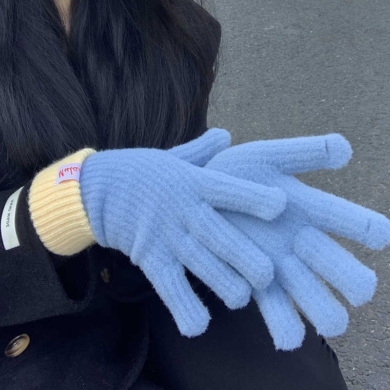 针织羊绒手套女冬季新款触屏加绒保暖加厚防寒分指韩版毛线手套潮