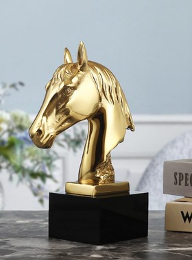 北欧风黄铜马头桌面书靠摆件 欧式软装家居书房客厅装饰品