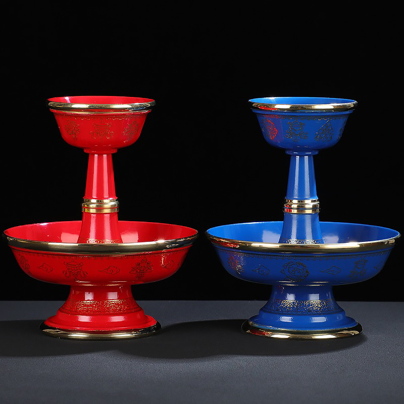 藏式密宗供奉用品蓝色红色咖啡色描金护法杯八吉祥纯铜护法杯摆件