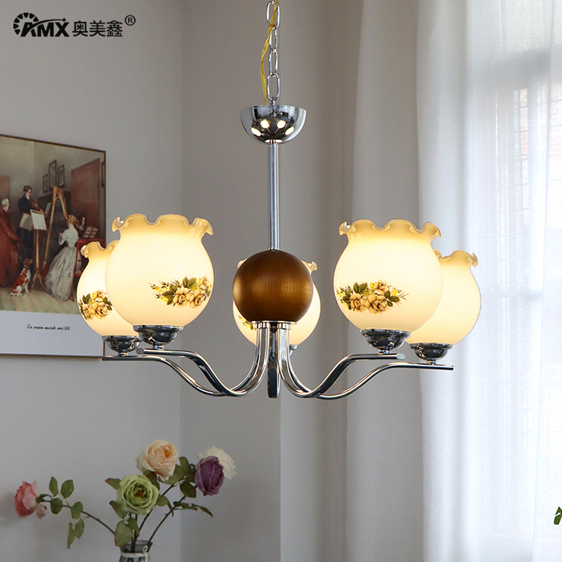 美式复古田园乡村实木卧室吊灯中古玻璃法式花朵餐厅个性5头灯具