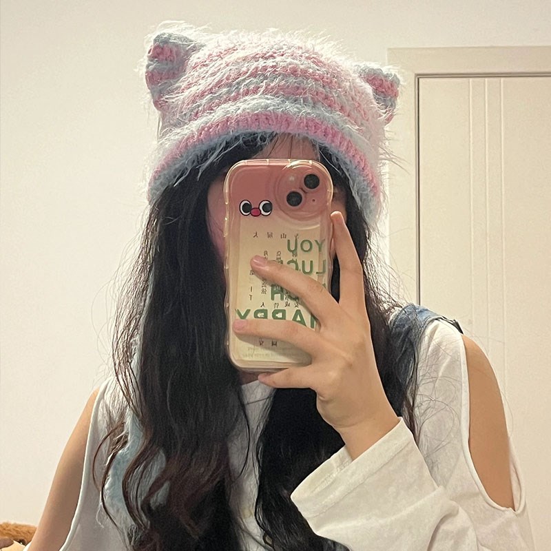 手工编织diy长j绒猫耳帽材料包复古秋冬针织护耳帽子成品甜酷可爱
