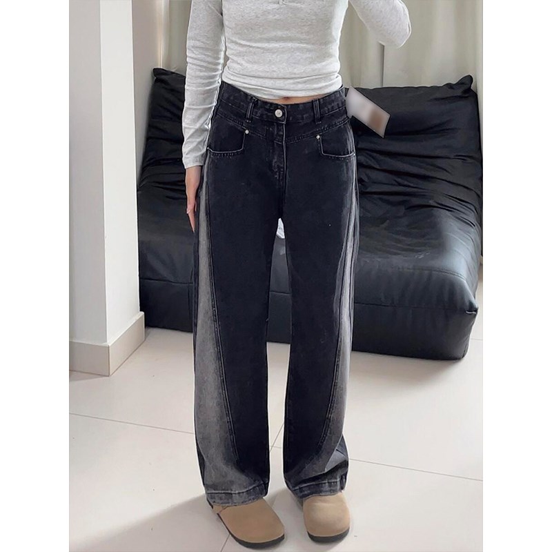 特大码女装复古渐变色直筒牛仔裤女胖mmK窄版女裤宽松显瘦阔腿裤