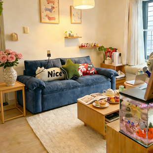 雪尼尔布艺沙发可拆洗蓝色复古风公寓三人位客厅小户型双人小沙发