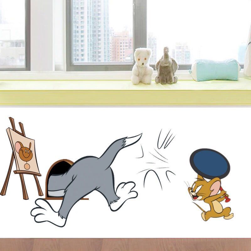 3d墙纸猫和老鼠玻璃自粘贴纸创意装饰墙贴纸卧室网红少女卡通壁纸