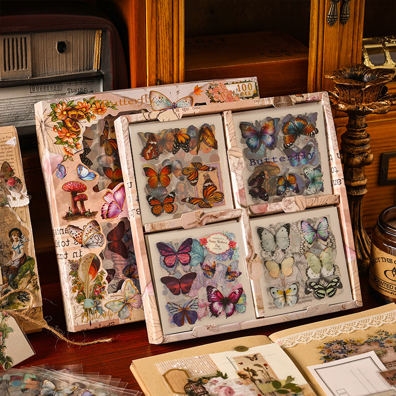 100张不重复PVC复古蝴蝶礼盒贴纸手账流麻咕卡手帐装饰素材贴画