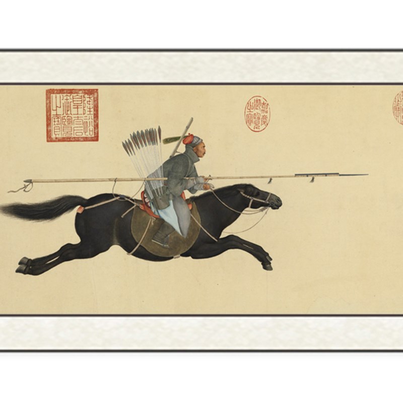 清郎世宁阿玉锡持矛荡寇图古代人物画横幅挂画酒店装饰画临摹手稿