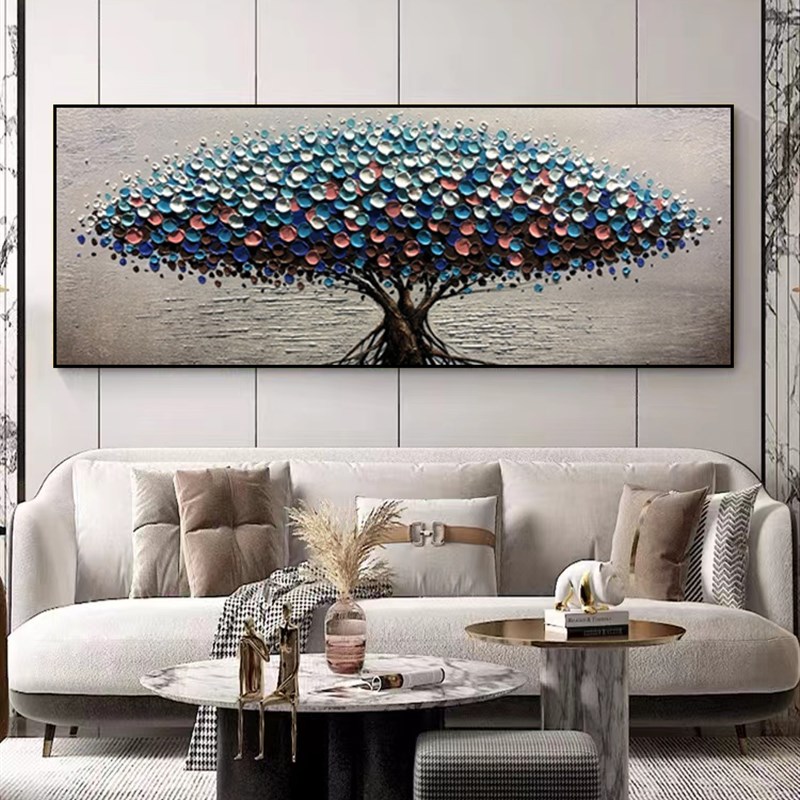 客厅轻奢纯手绘油画抽象沙发背景墙床头餐厅装饰画立体发财树挂画图片
