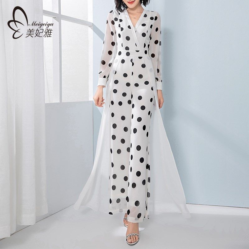 长袖波点雪纺连体裤女夏长款2025新款连衣裤阔腿裤套装气质连身裤