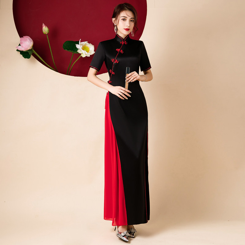 长款旗袍走秀演出服黑色复古改良连衣裙中国风舞台服表演服舞蹈服